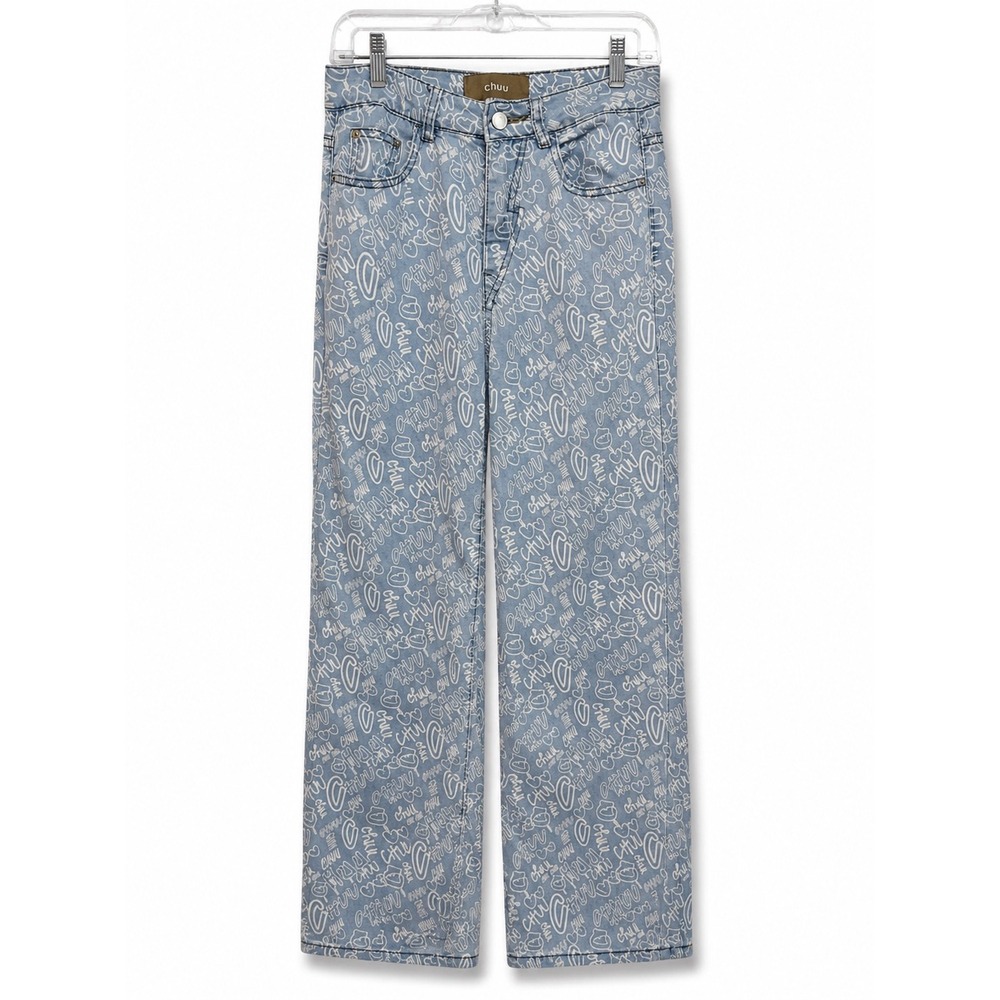 Chuu All Over Logo Heart Print Straight Leg Jeans Light Wash Blue Y2K Size 26 M
